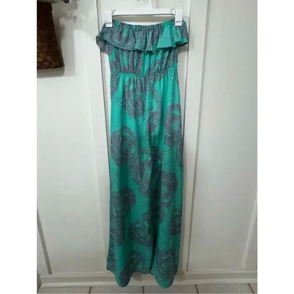 Black Bead Teal Strapless Floral Maxi Dress